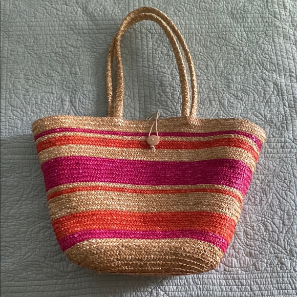 Vintage Pink and Orange Striped Straw Tote - Picture 1 of 4
